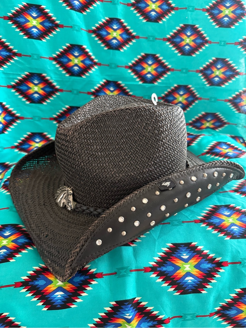 PETER GRIMM CRYSTAL Studded Black HORSE 🐎 emblem Cowboy Hat